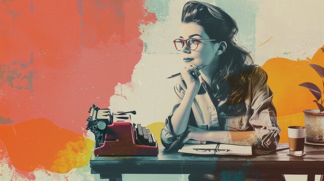 Confident and beautiful woman working on her novel at a typewriter in the 1950s.
