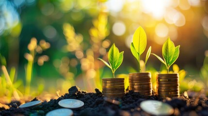 coins and green plants growing on the ground, sunlight shining through them, blurred background, bokeh effect, business concept of wealth or financial growth in the stock market. Close-up