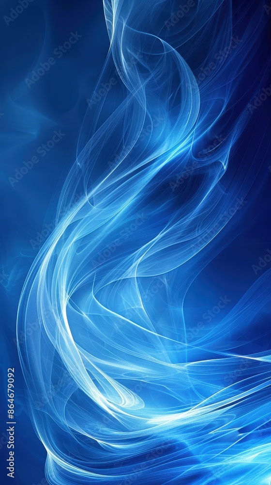 Poster abstract blue background with swirling lines of light and dark blue smoke, creating an elegant and d