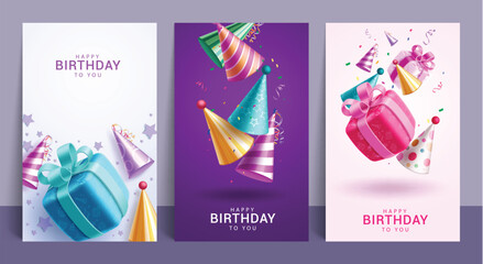 Happy birthday greeting vector set poster design. Birthday invitation card with colorful party hat and gift box elements for party decoration. Vector illustration greeting collection design.
