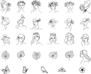 Women's faces in one line art style with flowers set and leaves tropical forest out line for logo,
cosmetics,products .vector illustration