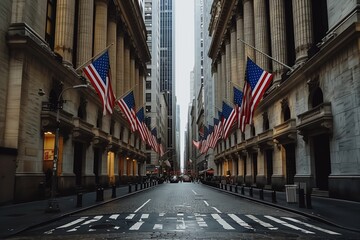 Obraz premium Empty Street With American Flags In Front of Buildings in New York City