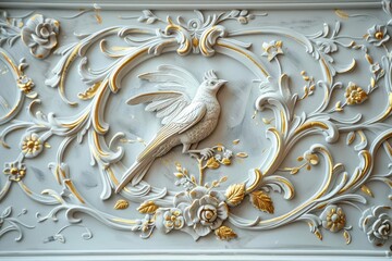 ornate stucco molding of exotic birds on plastered wall intricate 3d designs with gold leaf accents blending rococo extravagance with modern sophistication