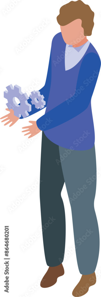 Poster young software developer is holding gears, symbolizing his expertise in programming and software dev