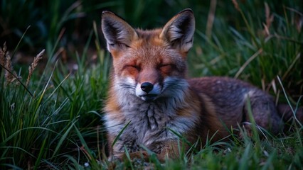Fototapeta premium Red fox sitting peacefully in grass with eyes closed
