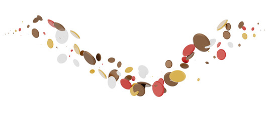 Multicolored paper confetti on transparent background. Realistic confetti flying. Colorful scattered items to holiday decorations.