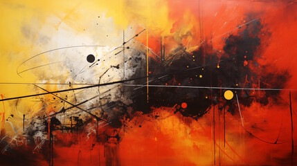 Abstract painting, lines and dots in red, black, yellow and white, with an atmosphere of the universe, planets and stars on an orange background, oil on canvas