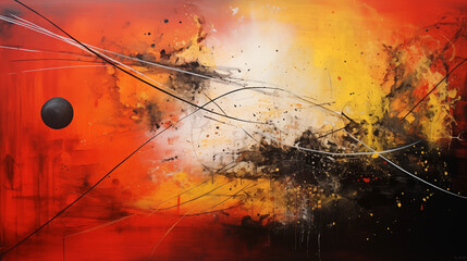 Abstract painting, lines and dots in red, black, yellow and white, with an atmosphere of the universe, planets and stars on an orange background, oil on canvas