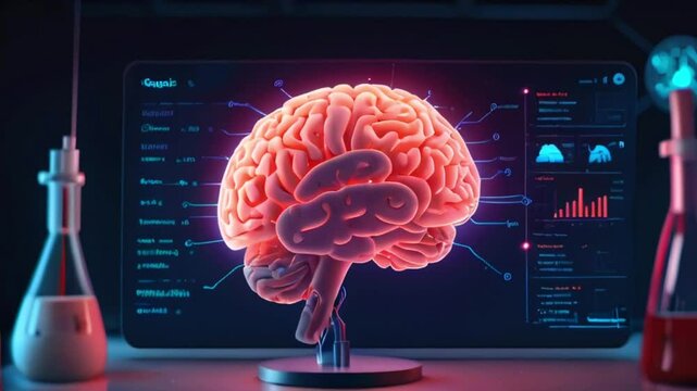 An illustration of a brain surrounded by a digital interface with various graphs and readouts.