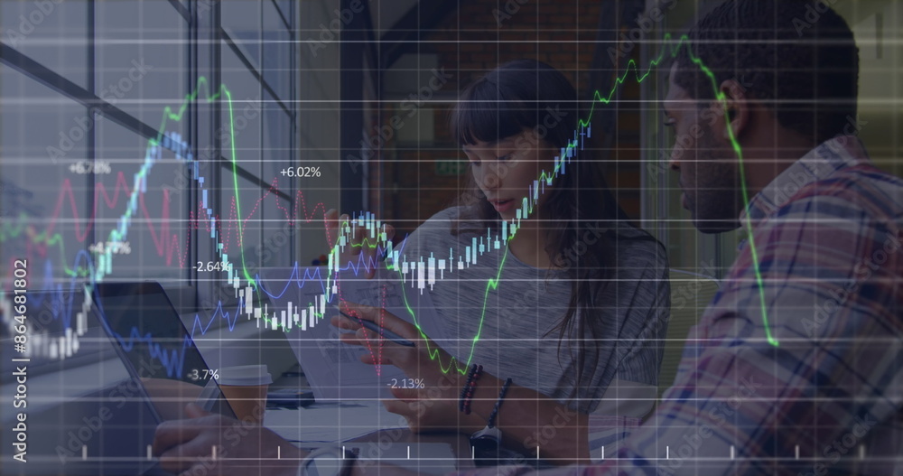 Poster image of multiple graphs with changing numbers, diverse coworkers discussing reports on laptop