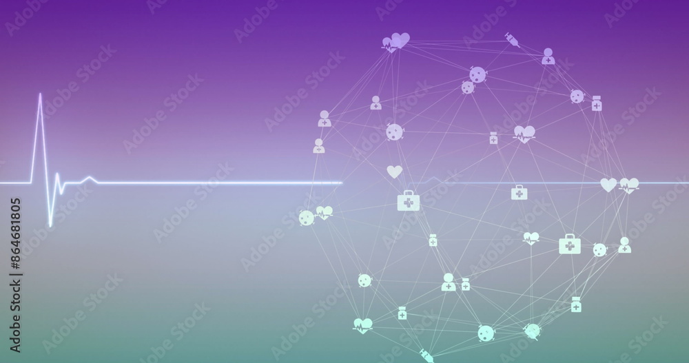 Poster image of heart rhythm and connected icons forming globe over gradient background
