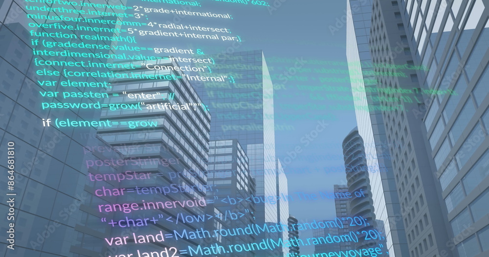 Poster image of multicolored computer language over low angle view of modern buildings against sky
