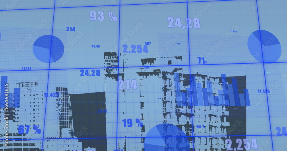 Poster image of multiple graphs and changing numbers over modern buildings in background