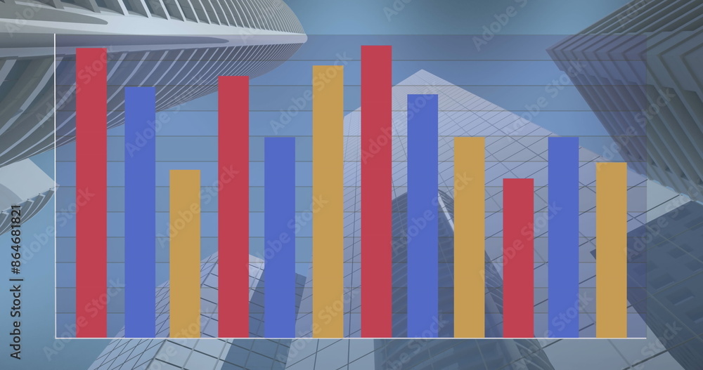 Poster image of multicolored bar graph over low angle view of modern buildings against sky