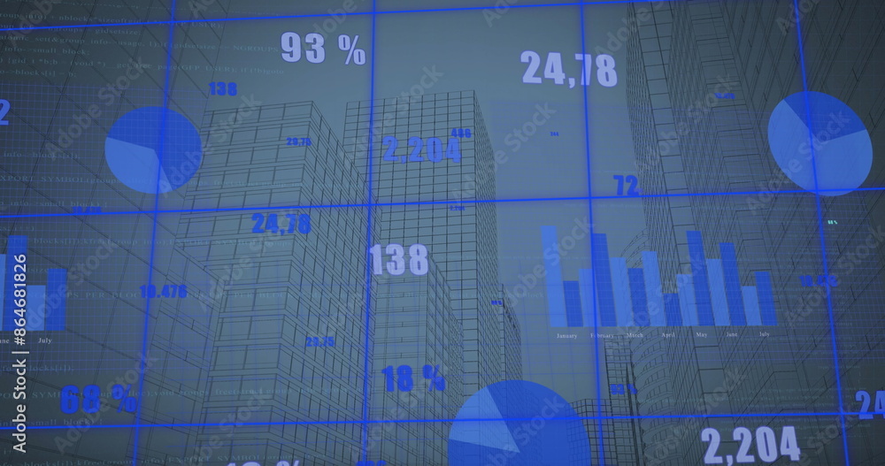 Poster image of multiple graphs with changing numbers over modern buildings against sky