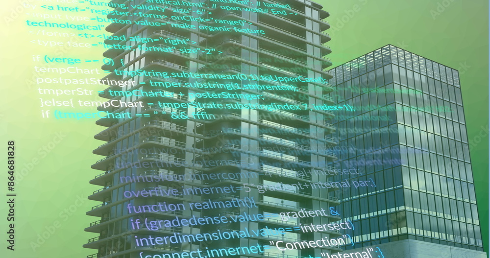 Poster image of multicolored computer language over modern buildings against gradient background