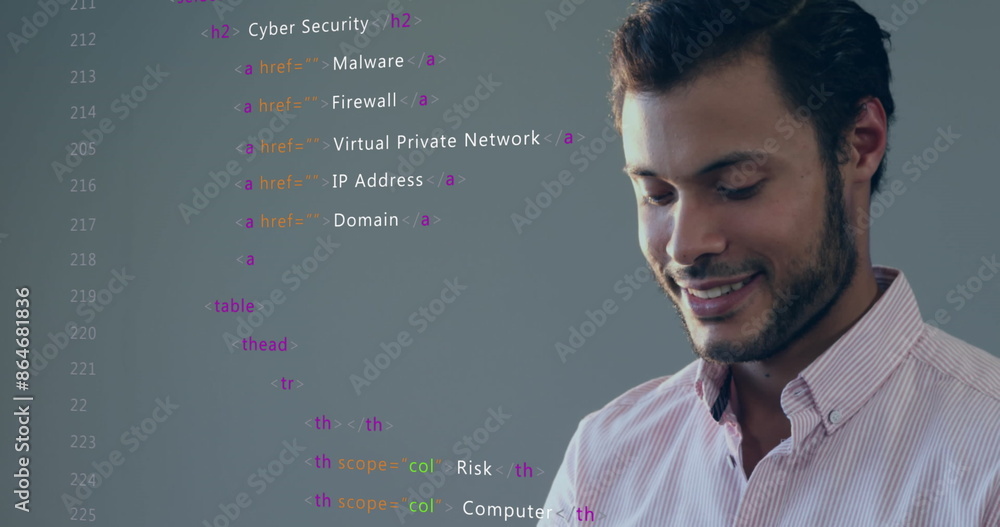 Poster Image of multicolored computer language over smiling biracial man working on laptop