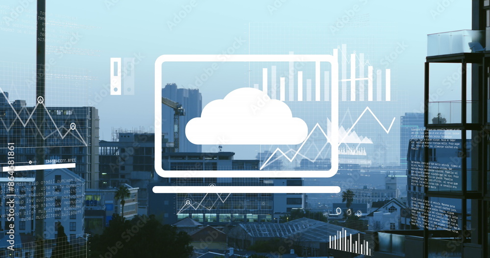 Poster image of multiple graphs and map over modern buildings against sky