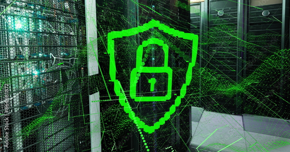 Poster Image of padlock in shield with dynamic wave of dots over data server systems