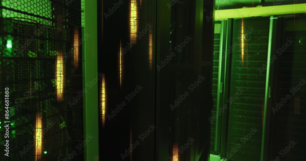 Poster image of illuminated lights moving over data server systems