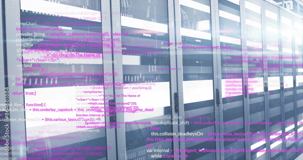 Poster image of computer language and illuminated light moving on data server racks