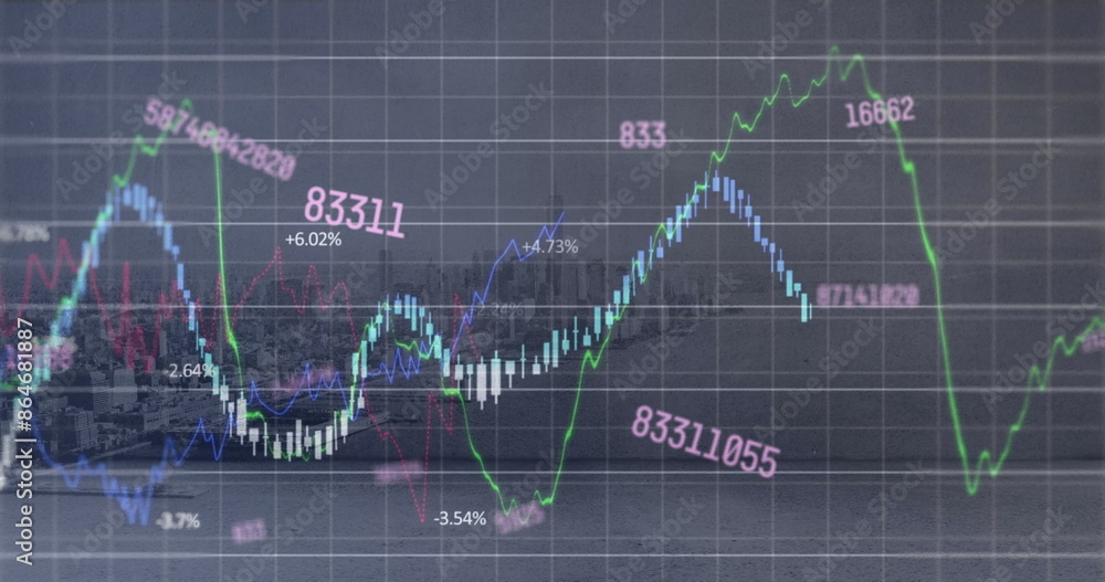 Poster image of multiple graphs and changing numbers over modern cityscape and sea against sky