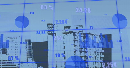Image of multiple graphs and changing numbers over modern buildings in background