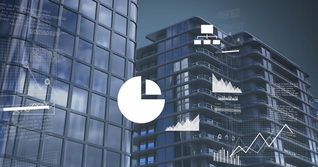 Image of graphs, multiple icons and map over modern buildings against sky