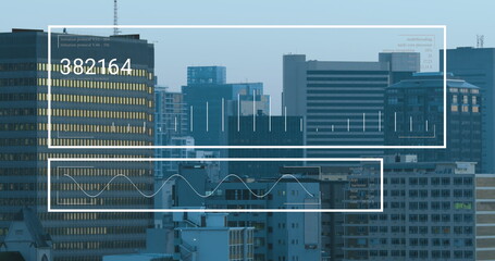 Image of graph, changing numbers over aerial view of modern city against sky