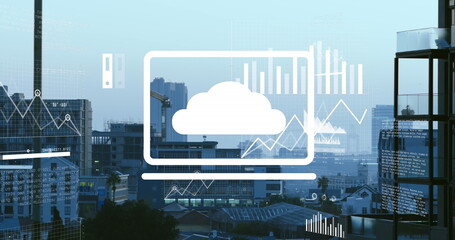Image of multiple graphs and map over modern buildings against sky