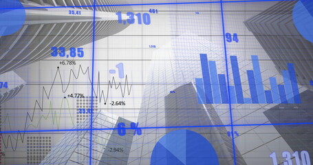 Image of multiple graphs with changing numbers over low angle view of modern buildings