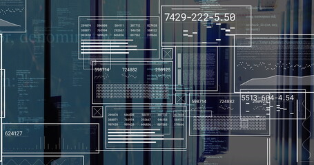 Image of graphs, loading bars, circles and computer language over server room