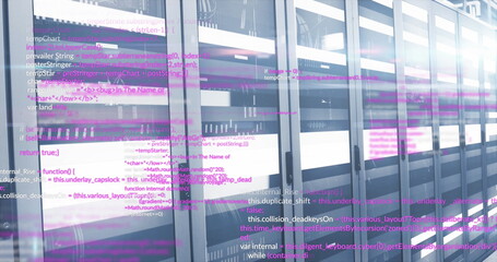 Image of computer language and illuminated light moving on data server racks