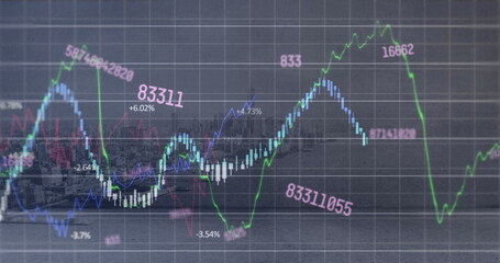 Image of multiple graphs and changing numbers over modern cityscape and sea against sky