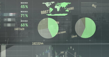 Image of changing numbers with infographic interface over modern city against sky