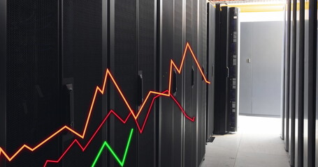 Image of illuminated graphs over data server racks in data server room