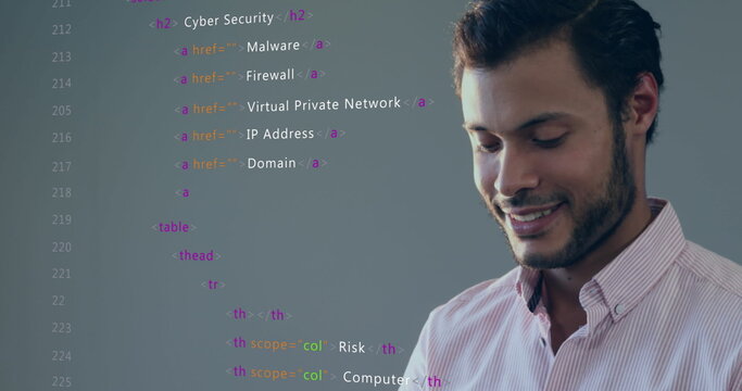 Image of multicolored computer language over smiling biracial man working on laptop