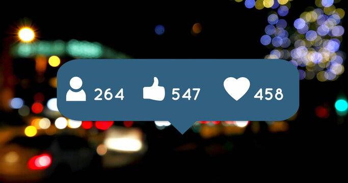 Image of profile, heart and like icons with increasing numbers over lens flares at night