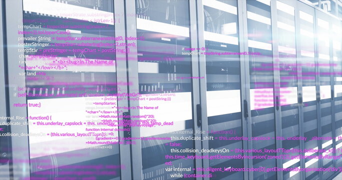 Image of computer language and illuminated light moving on data server racks
