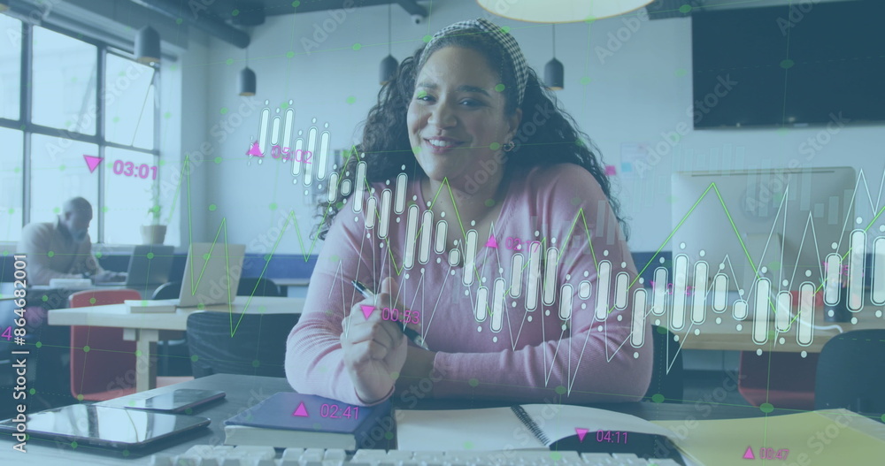Poster image of data processing against biracial woman talking while having a image call at office