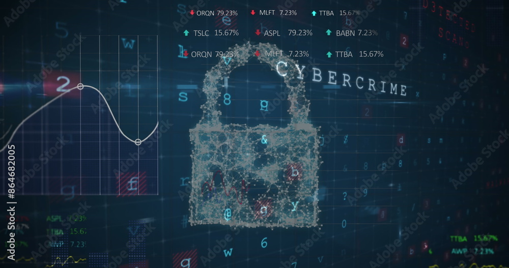 Poster image of security padlock and cloud icon against cyber security and statistical data processing