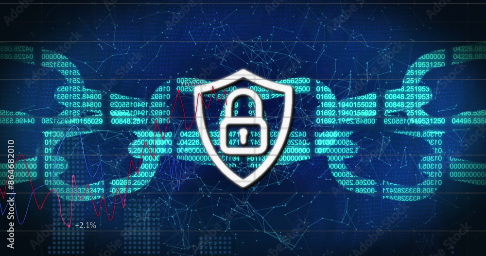 Poster image of security padlock, chain icon, network of connections and statistical data processing