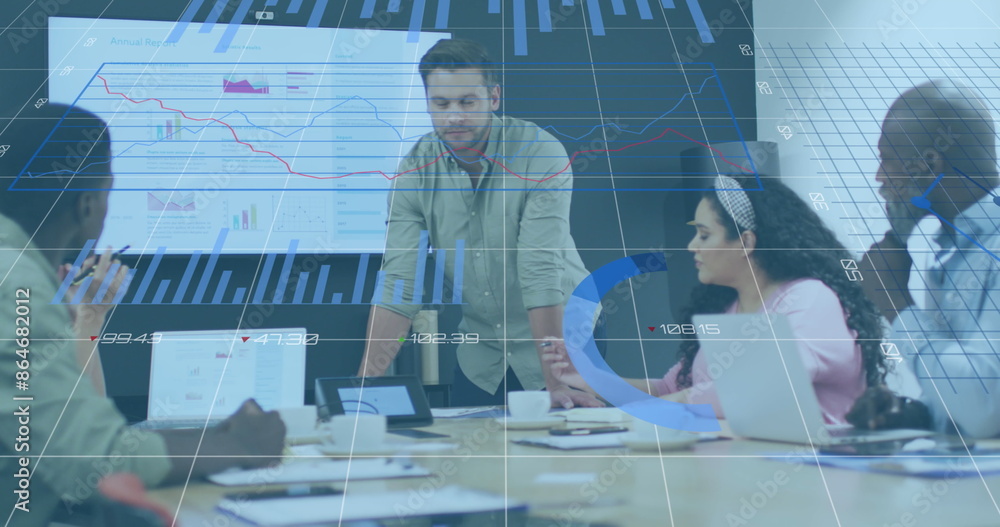 Poster image of statistical data processing against caucasian man discussing with colleagues at office