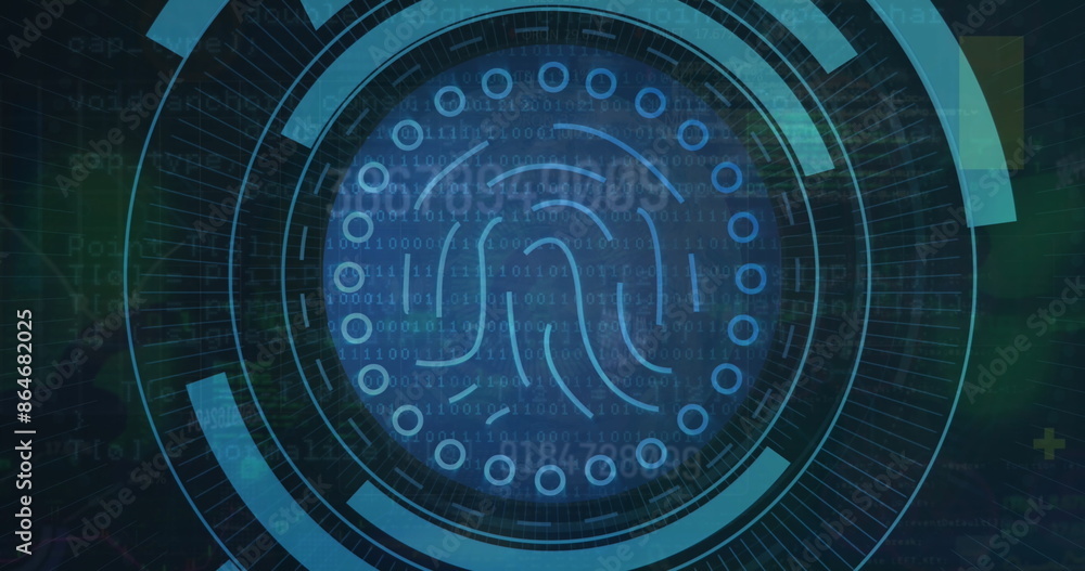 Aufkleber image of biometric fingerprint scanner against spinning globe and data processing