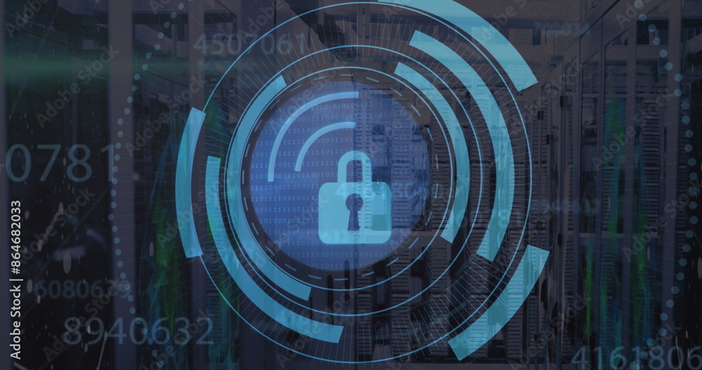 Poster image of security padlock icon over round scanner and changing numbers against server room
