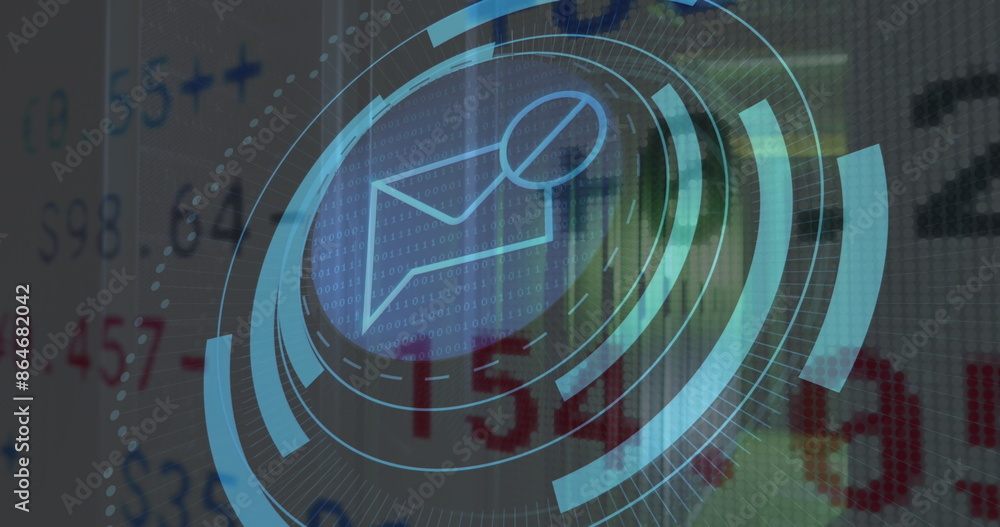 Poster image of message block icon on round scanner, stock market data processing against server room