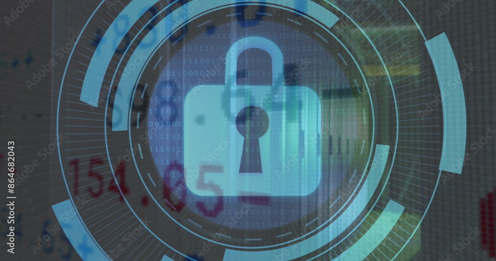 Poster image of security padlock icon on round scanner, stock market data processing over server room