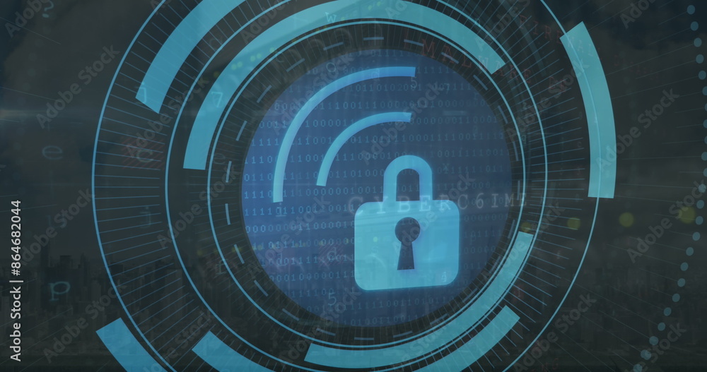 Aufkleber image of security padlock icon on round scanner, cyber security data processing over server room