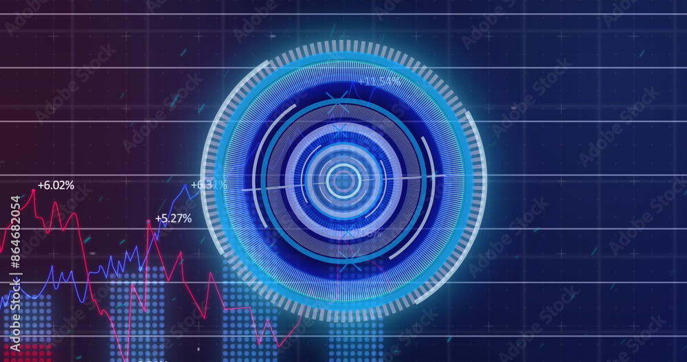 Poster image of neon round scanner spinning over statistical data processing on purple background