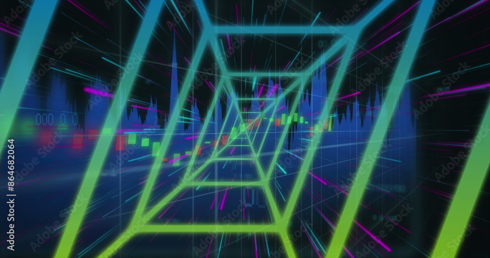 Poster image of neon tunnel, light trails in seamless pattern and data processing on black background